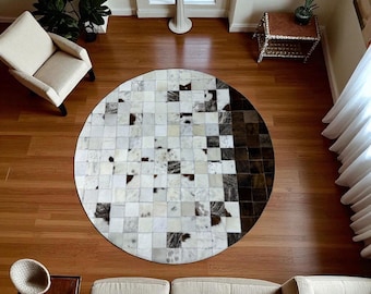 Round Patchwork Cowhide Rug, Handmade Leather Area Carpet