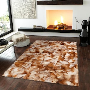 Red Brown Fox Fur Rug, Genuine Fox Fur Shaggy Carpet, Brown & Cream Stria Fur Rug, Ultra Soft Fluffy Fur Rug, Country Style Cozy Rug Gift