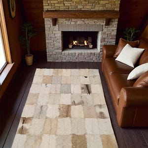 Natural Goatskin Patchwork Rug, Genuine Goat Leather Carpet, Beige and White Multicolor Area Rug, Real Goat Fur Rug, Cozy New Home Gift
