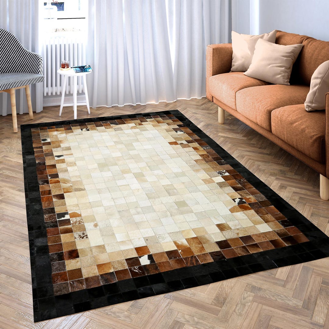 Brown Border Cowhide Rug - Beige Checkered Patchwork Carpet - Etsy