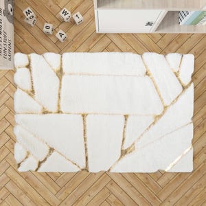 Cream & Gold Fur Plush Rug , Gold Lined Soft Shaggy Carpet, Geometric Design Beige Fluffy Fur Rug, High Quality Faux Fur Rug for Bedroom