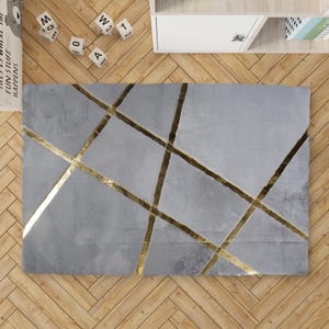 Gray Fur Rug with Gold Stripes, Gold Detailed Fluffy Plush Rug, Geometric Design Faux Fur Area Rug, Modern Grey Shaggy Rug, Luxury Home Gift