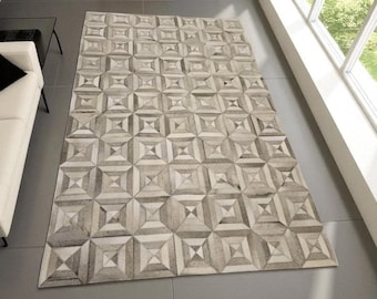 Grijs runderleren patchwork vloerkleed: handgemaakt natuurlijk leer, aangepast formaat
