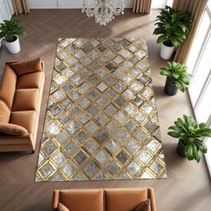 Gold and Silver Metallic Cowhide Rug, Real Leather Patchwork Carpet, Custom Size Glam Area Rug, Luxury Cowhide Living Room Decor