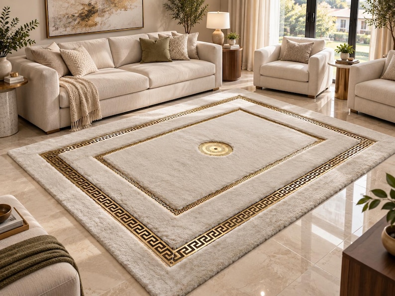 Greek Key Gold Rug Ivory Plush Area Rug, Double Greek Key Border, Fluffy Geometric Design ...