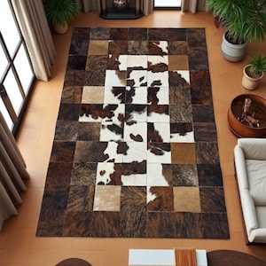 Tricolor Cowhide Patchwork Rug, Real Leather Area Carpet, Handmade Brown Black White Cowhide Rug, Custom Size Natural Cowhide Rug