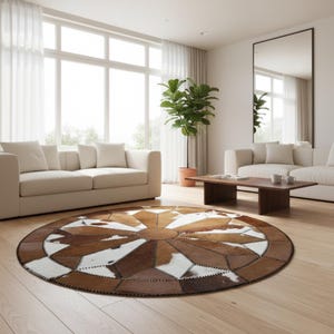 Handmade Round Cowhide Rug, Patchwork Calfskin (Rustic Brown White)