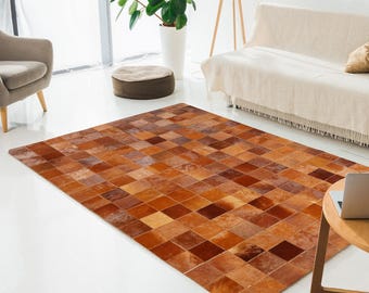 Handgemaakt koeienhuid patchwork vloerkleed – modern leren tapijt, aangepast formaat