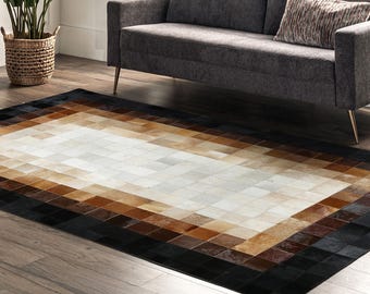 Handmade Cowhide Patchwork Rug, Brown Beige Gradient, Leather Area Carpet