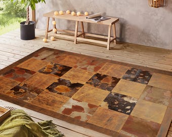 Handmade Tan Cowhide Patchwork Rug, Farmhouse Style