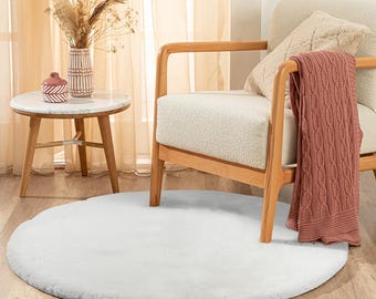 White Round Faux Fur Rug - Handmade Plush Shag Carpet, Custom Size
