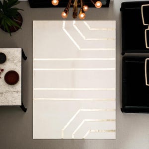 Ivory Plush Faux Fur Rug with Gold Modern Lines, Custom Size Soft Carpet for Living Room, Minimalist Shaggy Area Rug
