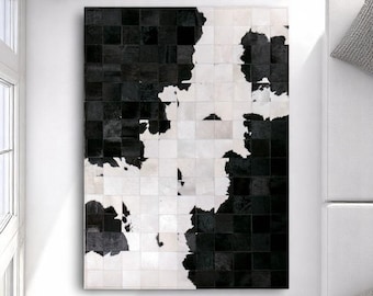 Handmade Black & White Cowhide Patchwork Rug