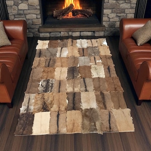 Rustic Patchwork Goatskin Rug, Handmade Rectangle Natural Goat Fur Carpet, Custom Rustic Leather Area Rug for Living Room
