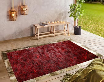 Red Leopard Print Calfskin Rug with Gold Border, Animal Patterned Cowhide Area Rug, Genuine Leather Rug for Living Room, Housewarming Gift