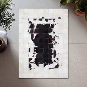 Black and White Cowhide Area Rug, Rectangular Hair on Hide Leather Carpet, Modern Patchwork Handmade Rug for Living Room and Bedroom