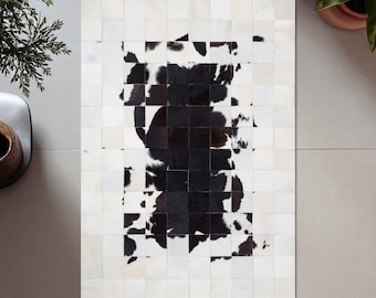 Black and White Cowhide Patchwork Rug, Modern Handmade Leather Carpet