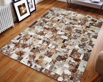 Handgemaakt koeienhuid patchwork vloerkleed, rustiek kalfsleer vloerkleed