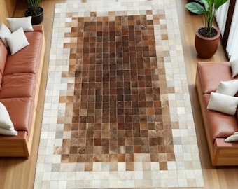 Modern Brown Cowhide Area Rug, Real Leather Patchwork Carpet, Handmade Cowhide Rug, Custom Size Rustic Living Room Rug, New Office Gift