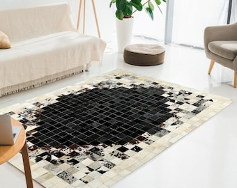 Handgemaakt koeienhuid patchwork vloerkleed, kleurverloop, zwart en beige