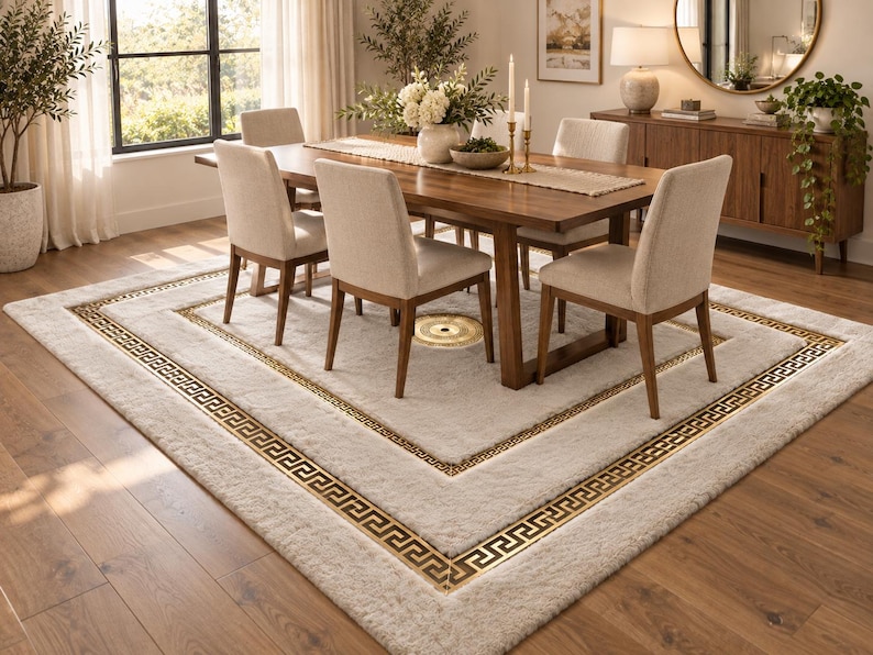 Greek Key Gold Rug Ivory Plush Area Rug, Double Greek Key Border, Fluffy Geometric Design ...