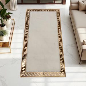 Ivory Faux Fur Rug, Soft Lux Floor Carpet, Custom Plush Area Rug for Bedroom or Living Room, Elegant Runner Decor, Greek Border Rug