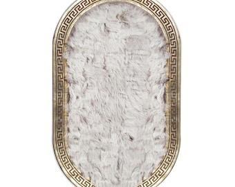 Handmade Oval Sheepskin Rug – White Fur Carpet with Gold Accents