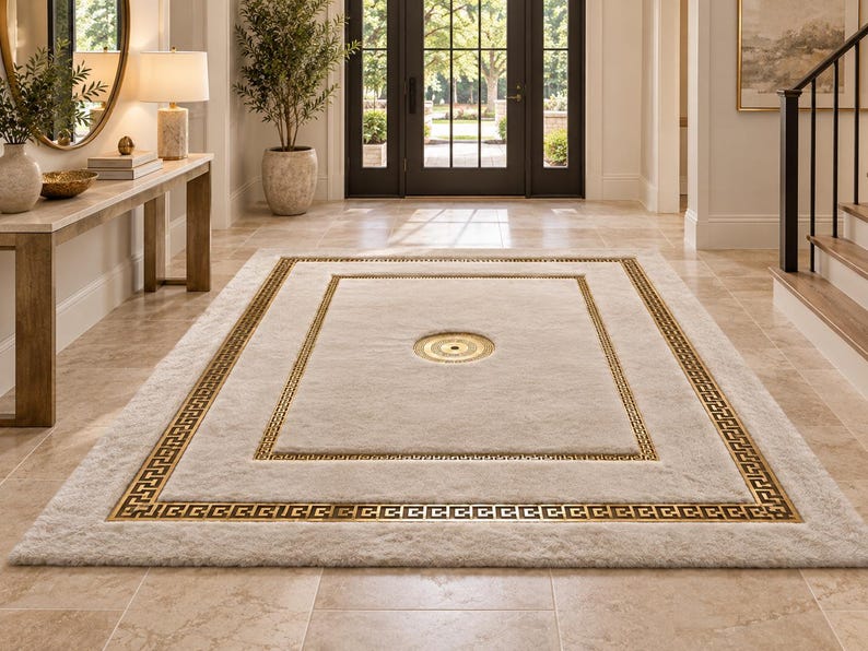 Greek Key Gold Rug Ivory Plush Area Rug, Double Greek Key Border, Fluffy Geometric Design ...