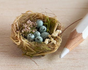 Miniature Bird Nest with Robin’s Eggs, 1:12 Scale Dollhouse Woodland Accessory, Handmade Nature Collectible