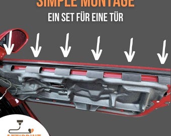 Può includere: Una portiera di auto rossa con una guarnizione in gomma nera e un set di sei clip nere. L'immagine mostra come installare le clip, con frecce che puntano alla posizione di ogni clip. Il testo "SIMPLE MONTAGE EIN SET FÜR EINE TÜR" è visibile nella parte superiore dell'immagine.