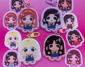 Stickers et porte-clés personnages Yellowjackets - Shauna, Jackie, Lottie, Natalie, Mari, Misty, Taissa, Van
