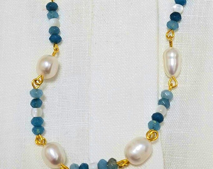 Aquamarine Pearl Crystal Choker Necklace, Gold Plated Steel, Ocean Inspired Jewelry, Dainty Handmade Gift, Beach Wedding Accessory
