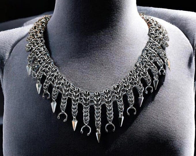 Surgical Steel Chainmail Piercing Collar Necklace - Unisex Spiked Grunge Goth Rock Edgy Choker with Titanium Spikes, Statement Jewelry