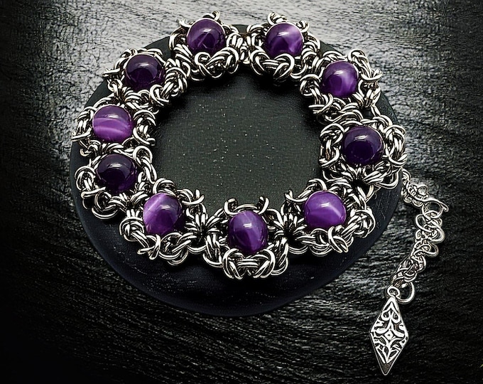 Amethyst Bracelet, February Birthstone Gift, Stainless Steel Chainmaille Jewelry, Handwoven Purple Gemstone Bracelet for Women