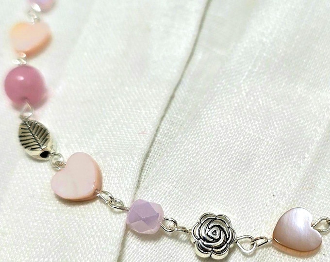 Pink Cats Eye Pearl Linked Necklace | MOP Hearts | Rose Leaf Charms | Stainless Steel | Handmade Romantic Jewelry | Pin Linked Gift