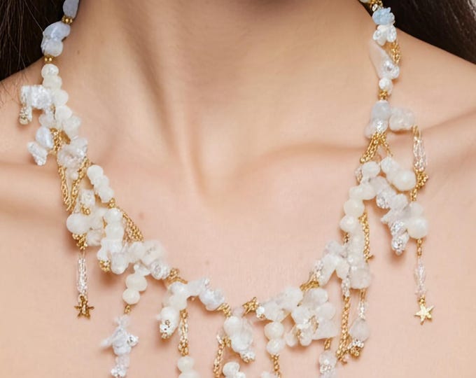 Opal and Cat's Eye Cascade Necklace - Gold Accents, Crystal Details - Ethereal Jewelry