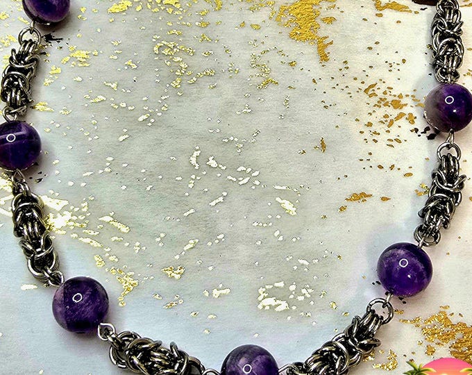 Handforged Chainmail Amethyst Necklace - Lava, Steel Lava, Pearl, Gemstone Options - Unisex Jewelry