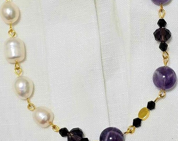 Amethyst Chainmaille Necklace, Freshwater Pearl & Crystal Jewelry, Gold Plated Statement Piece, Unique Handmade Gift for Her, OOAK