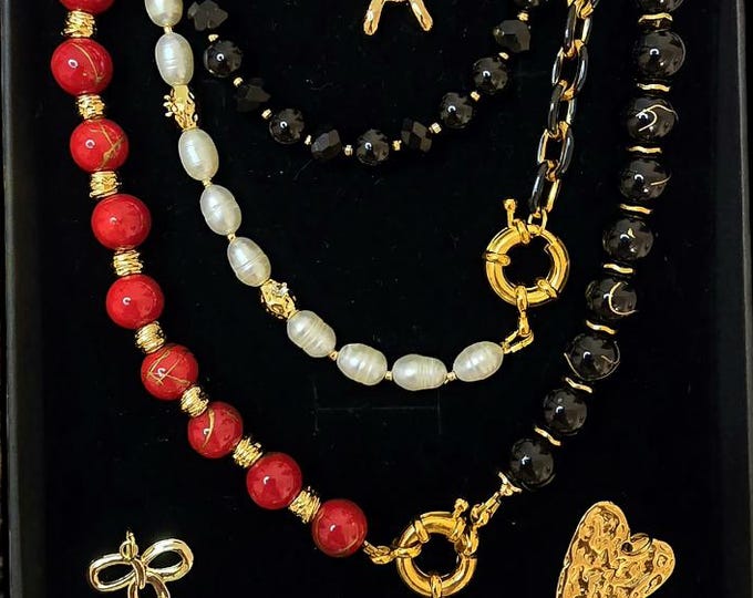 Convertible Necklace Set, 5-in-1 Transformer Jewelry, Pearl Onyx Coral Gold, Multi Wear Statement Layering Necklace, Luxury Gift