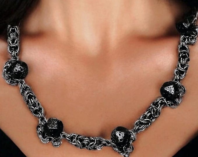 Handforged Chainmail Dark Steel Lava Necklace - Lava, Amethyst, Pearl, Tiger Eye, Gemstone Options - Unisex Jewelry