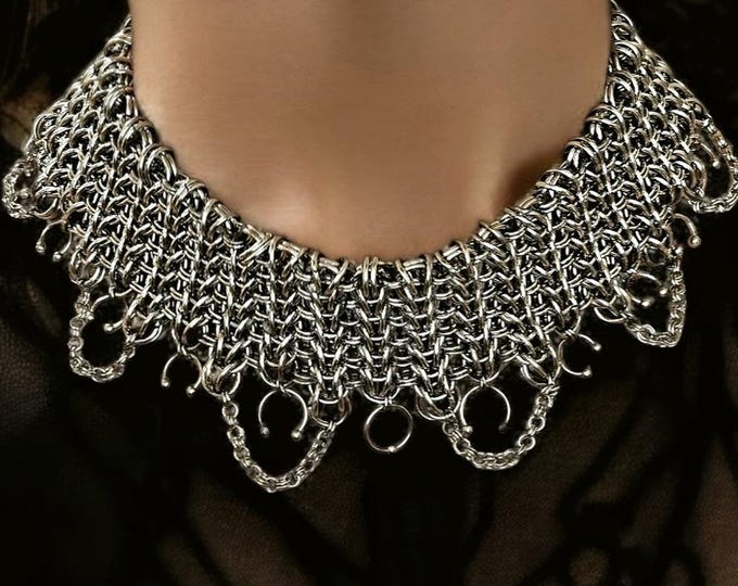 Grunge Chainmail Piercing Collar Necklace, Unique Unisex Necklace for Alternative Style, Rock Goth Brutal Choker, Surgical Steel Jewelry