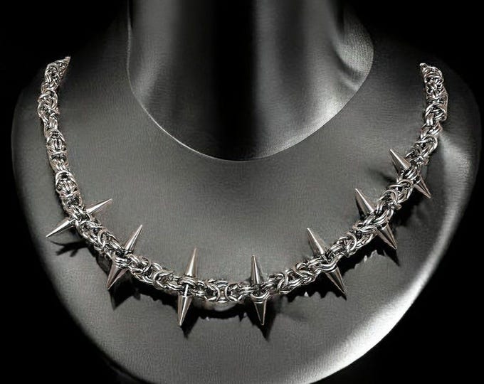 Unisex Spiked Chainmail Collar Necklace - Stainless Steel & Titanium - Goth Rock Punk Edgy Jewelry for Men and Women - Anime Cosplay Style