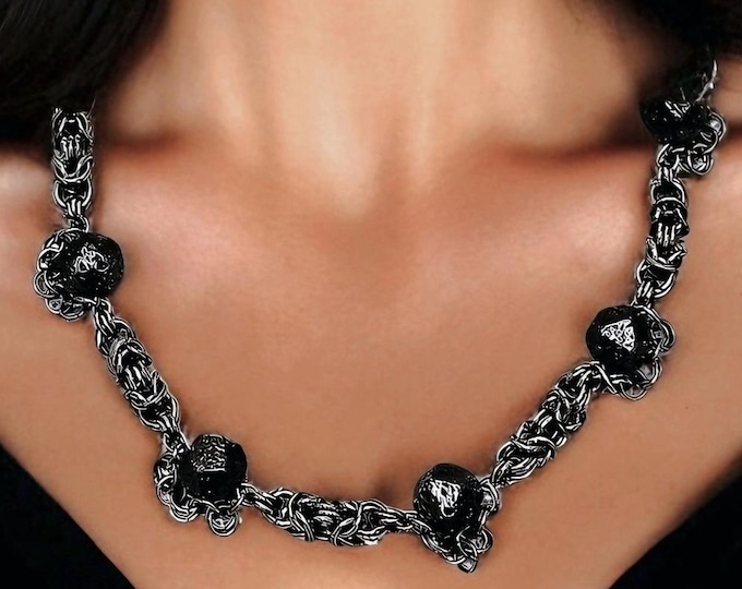 Handforged Chainmail Dark Steel Lava Necklace - Lava, Amethyst, Pearl, Tiger Eye, Gemstone Options - Unisex Jewelry