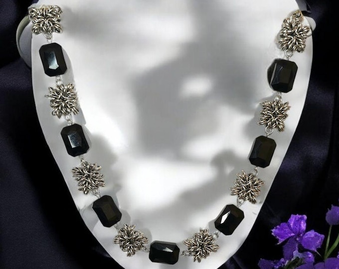 Square Link Chainmail Necklace | Black Crystals | Stainless Steel Handcrafted Gothic Elegant Jewelry Gift | Unique Metal Weave Statement
