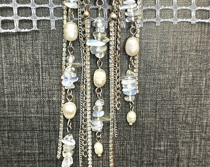 Pearl Opalite Dangle Brooch, Stainless Steel Safety Pin Brooch, Unique Gemstone Jewelry, Handmade Gift for Her