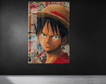 Anime Style Pirate Character Glass Wall Art, Straw Hat Cartoon Poster, Manga Inspired Wall Decor, UV Printed Glass Artwork