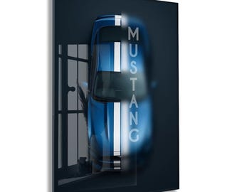 Póster minimalista de coche deportivo azul sobre cristal templado, estilo Mustang moderno, diseño vertical dividido. Decoración automotriz.