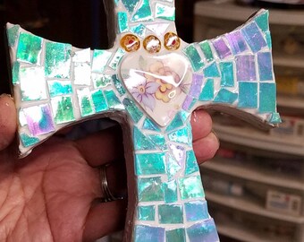 Folk art cross mosaic in iridescent turquoise and ceramic heart