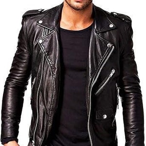 Blouson homme en cuir véritable noir asymétrique style motard en cuir d'agneau coupe slim