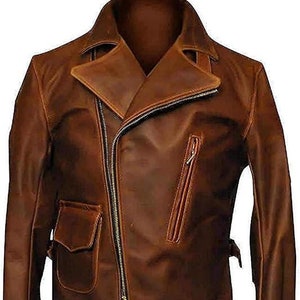 Blouson moto vintage classique asymétrique en cuir pour homme, style motard marron vieilli